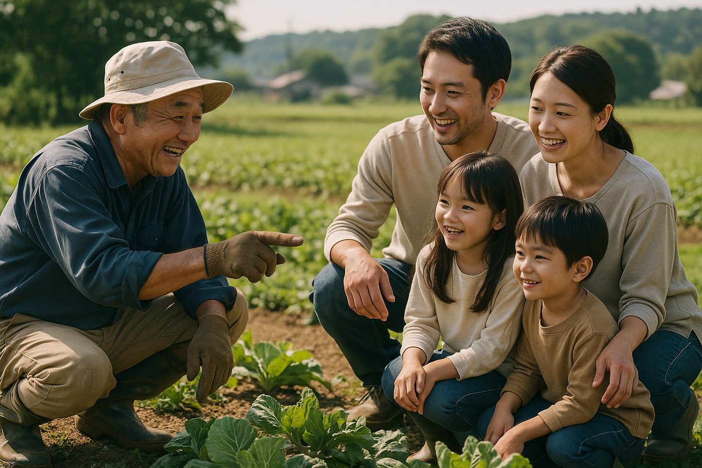 農家が家族に野菜を解説する様子