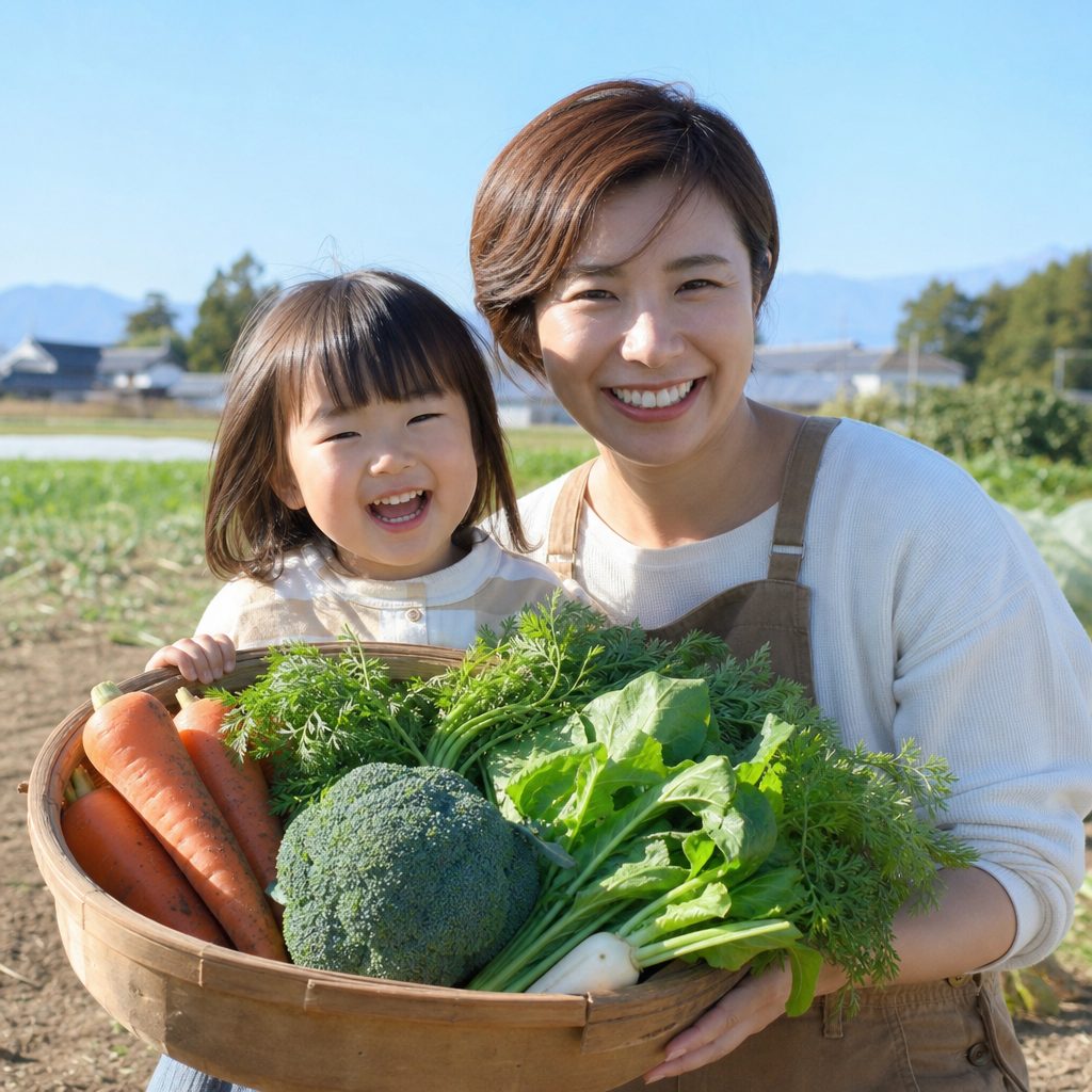 採れたて野菜を持つ親子