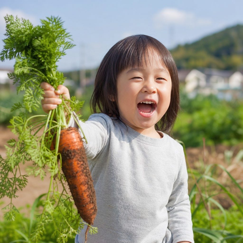 人参を持つ子ども